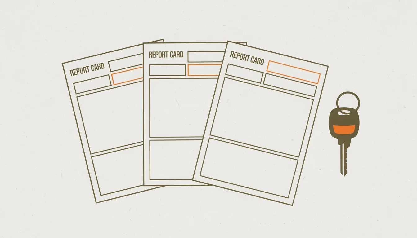 Three blank vehicle history report cards fanned out side by side beside a car key