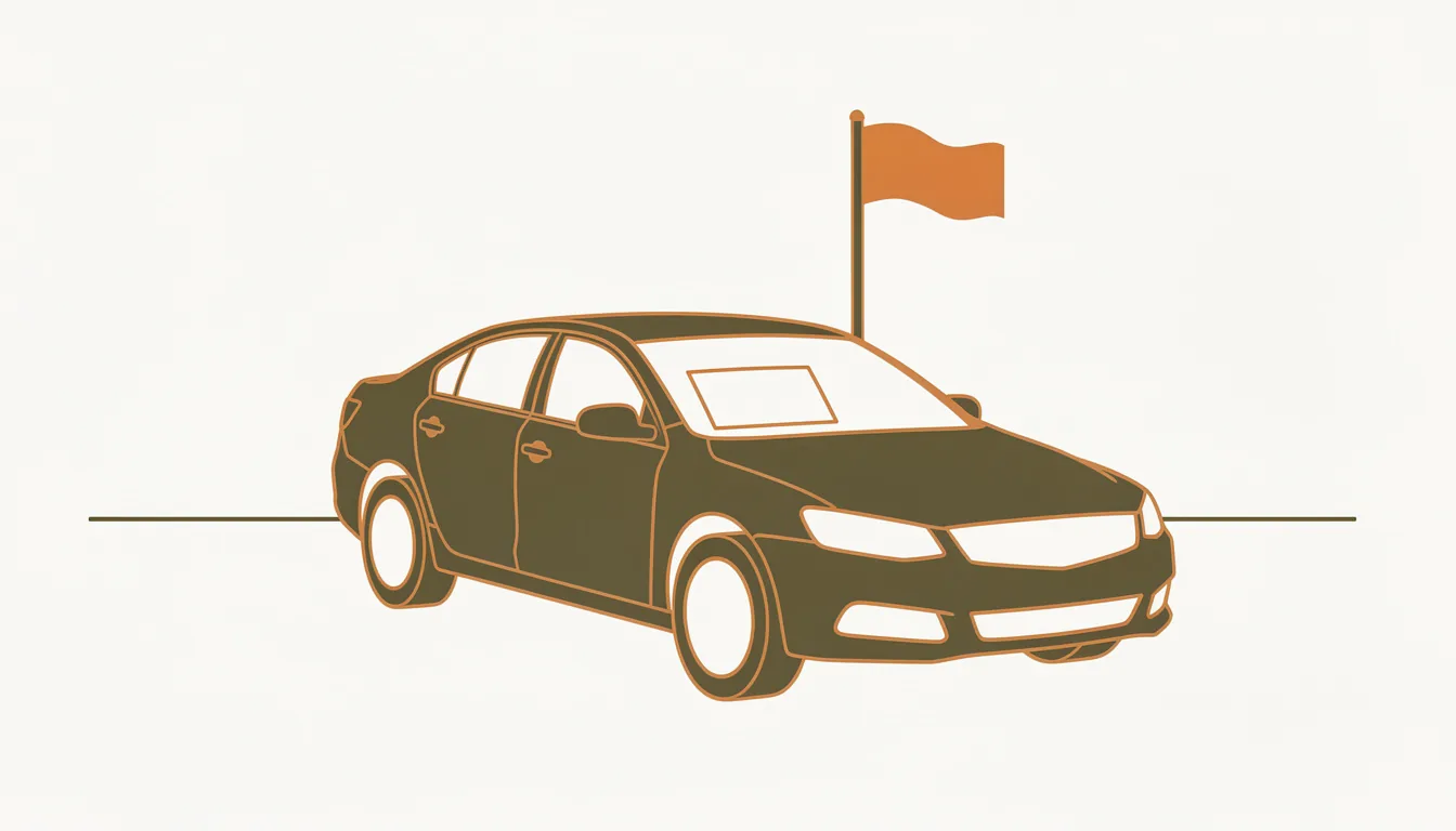 A used car on a dealer lot with a plain lot flag and an empty windshield card