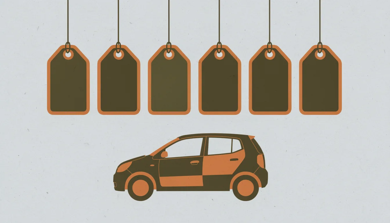 Blank price tags hanging above a small car, illustrating cheap Carfax alternatives