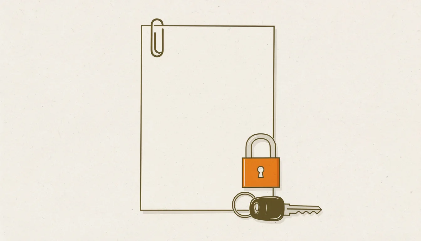 A blank document with a padlock resting on a car key, illustrating a lien check
