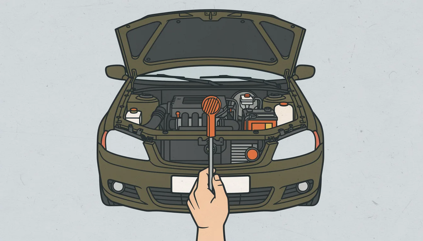 An open car hood showing the engine bay with a dipstick being checked
