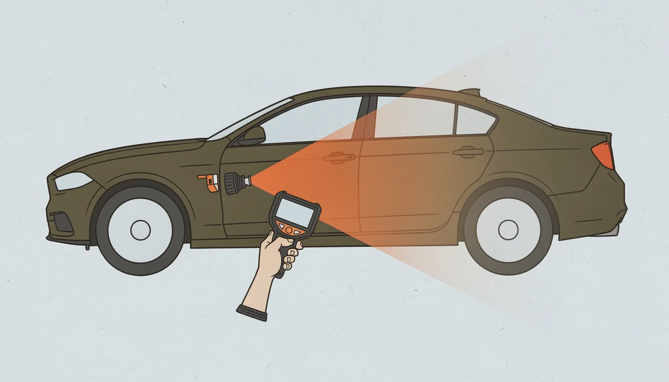 A car body in three-quarter view with a paint gauge and a flashlight across the panel