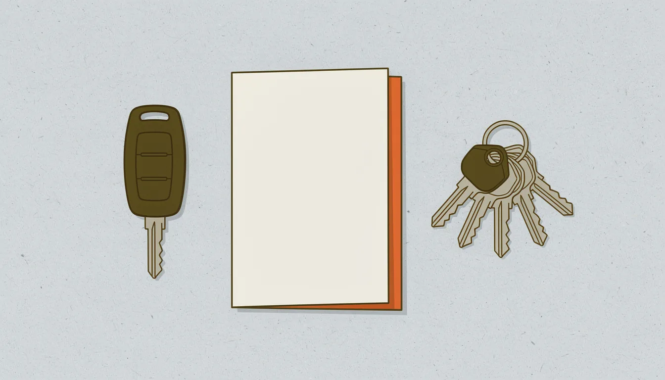 A single car key beside a blank folder, for a first-time car buyer