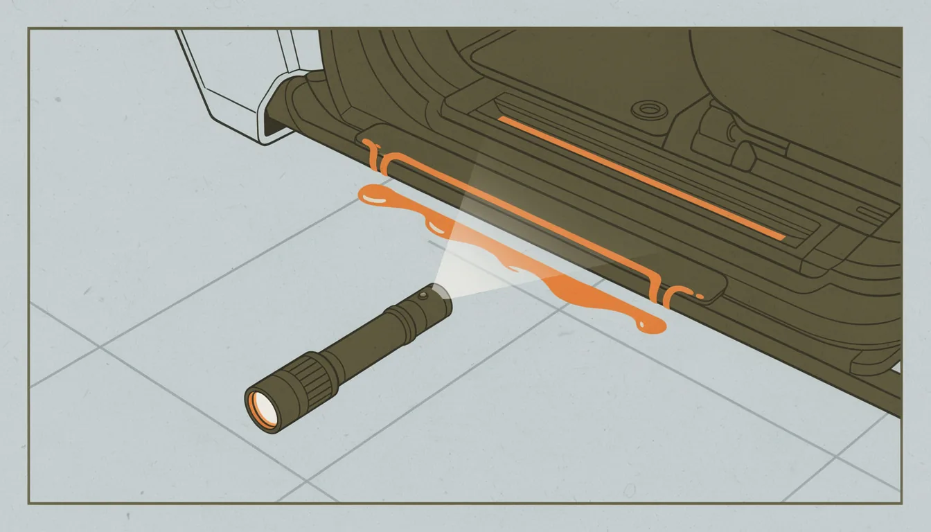 A car door sill and carpet with a water line mark, checked by flashlight