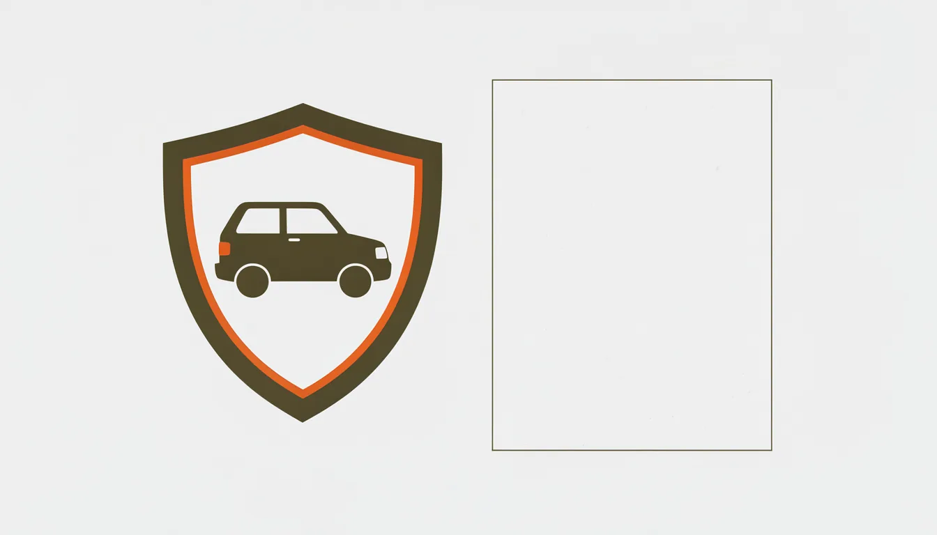 A car inside a shield outline beside a blank insurance contract page