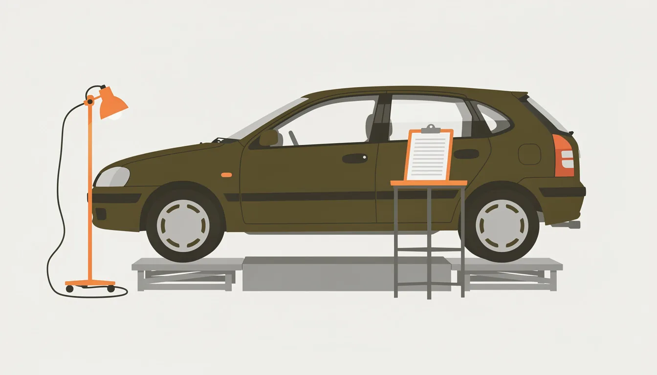 A used car on a service ramp with an inspection lamp and a checklist on a stand beside it