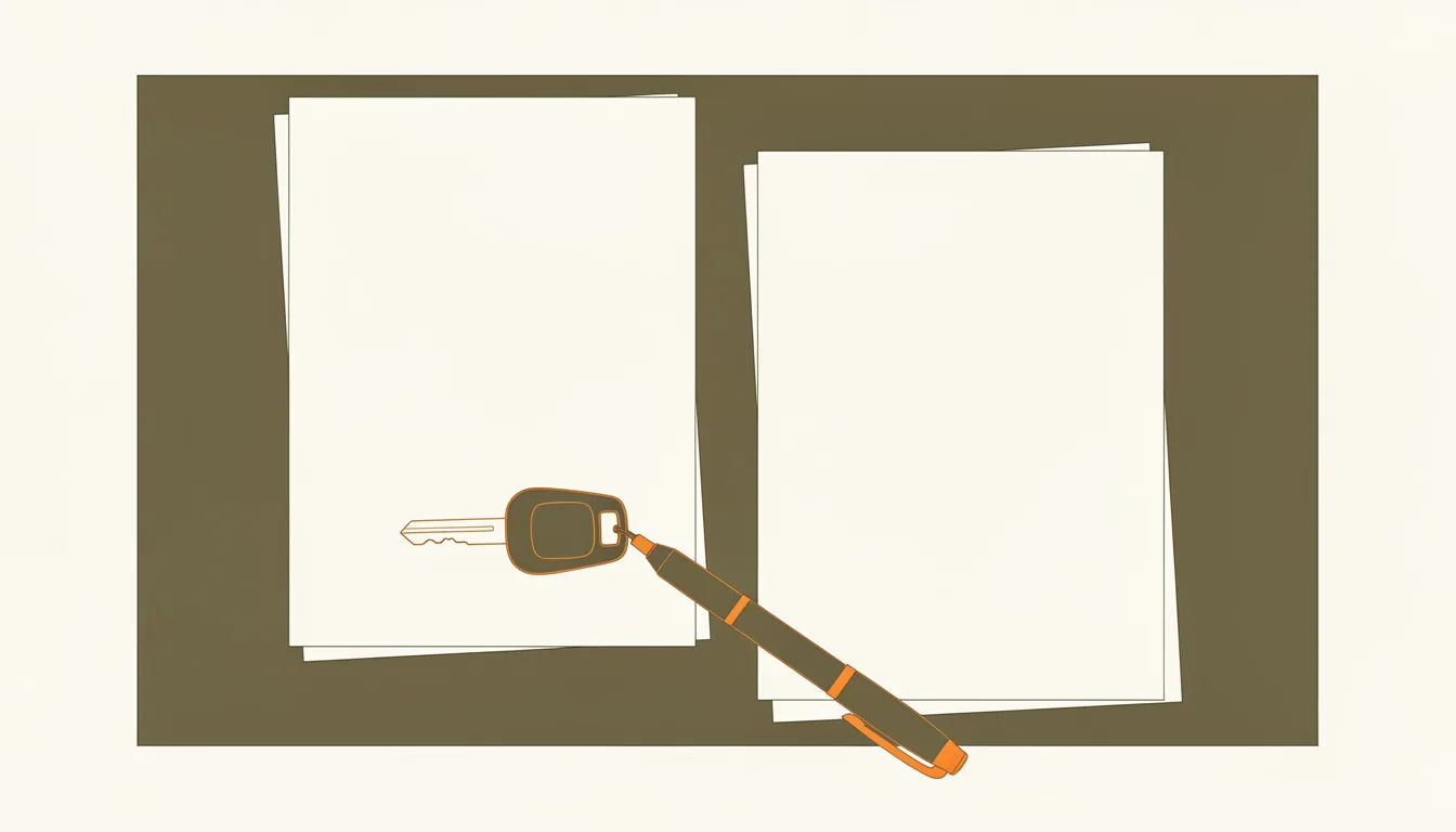 Two blank paper sheets and a pen on a desk with a car key between them