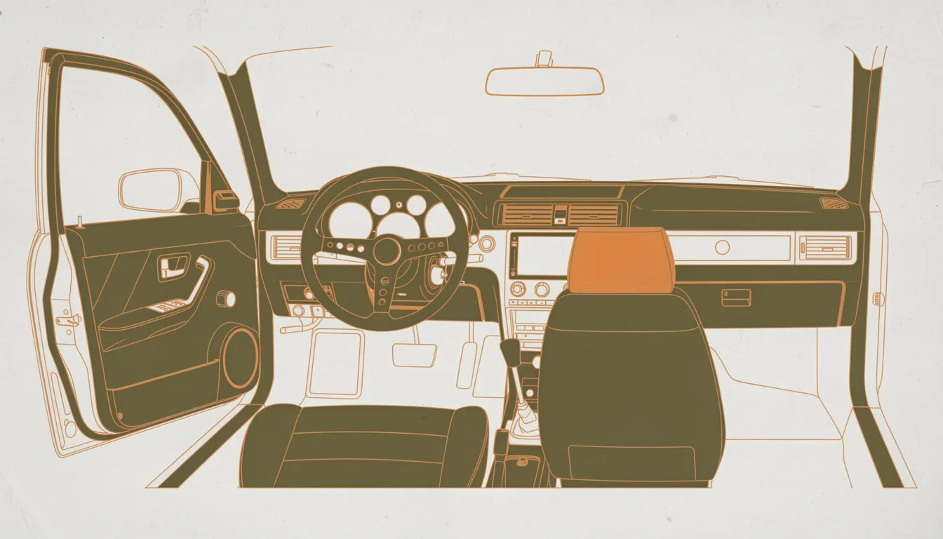 A car interior seen from the driver's door: seat, steering wheel and dashboard