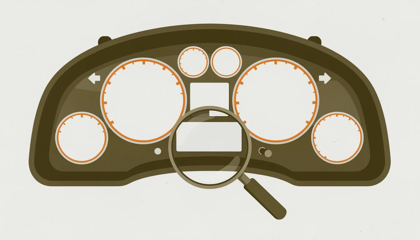 A car dashboard cluster with a magnifying glass over the odometer window
