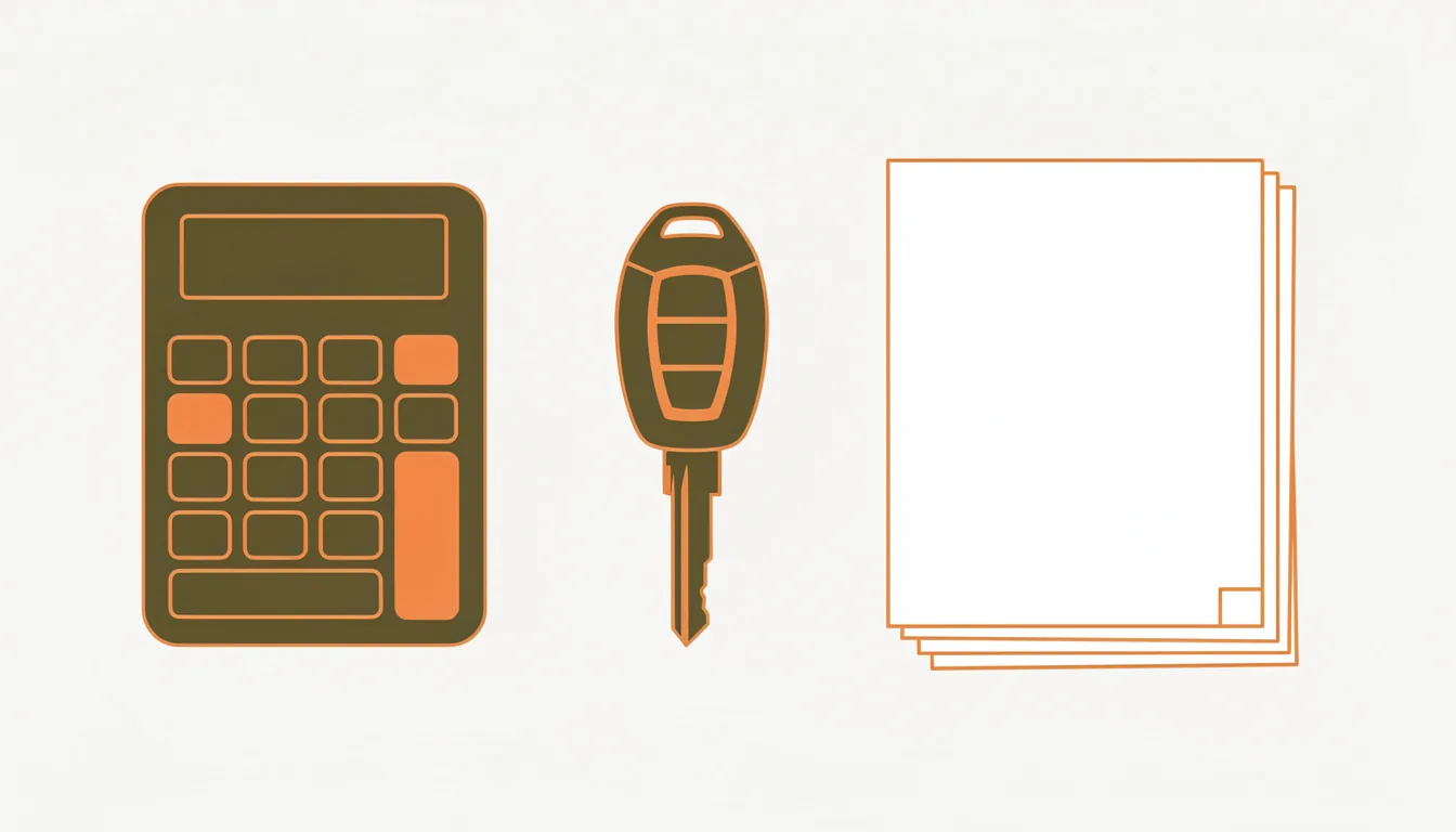 A calculator beside a car key and a stack of paperwork, for the out-the-door price