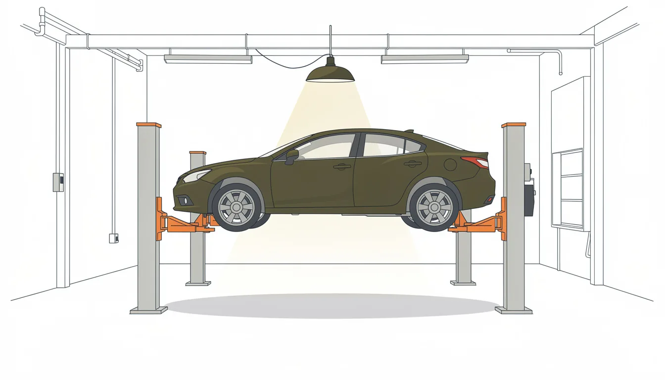 A car raised on a two-post lift in a garage bay with an inspection lamp beneath it