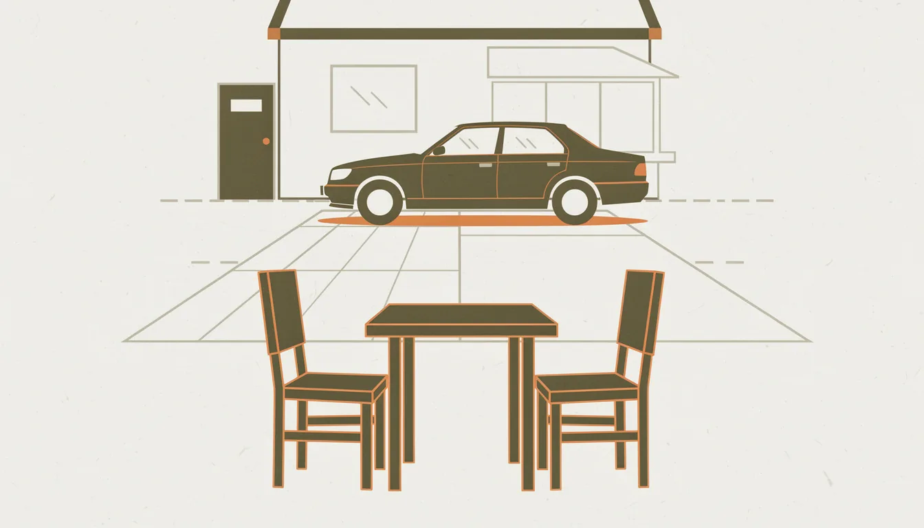 Two empty chairs at a table on a driveway with a car parked behind