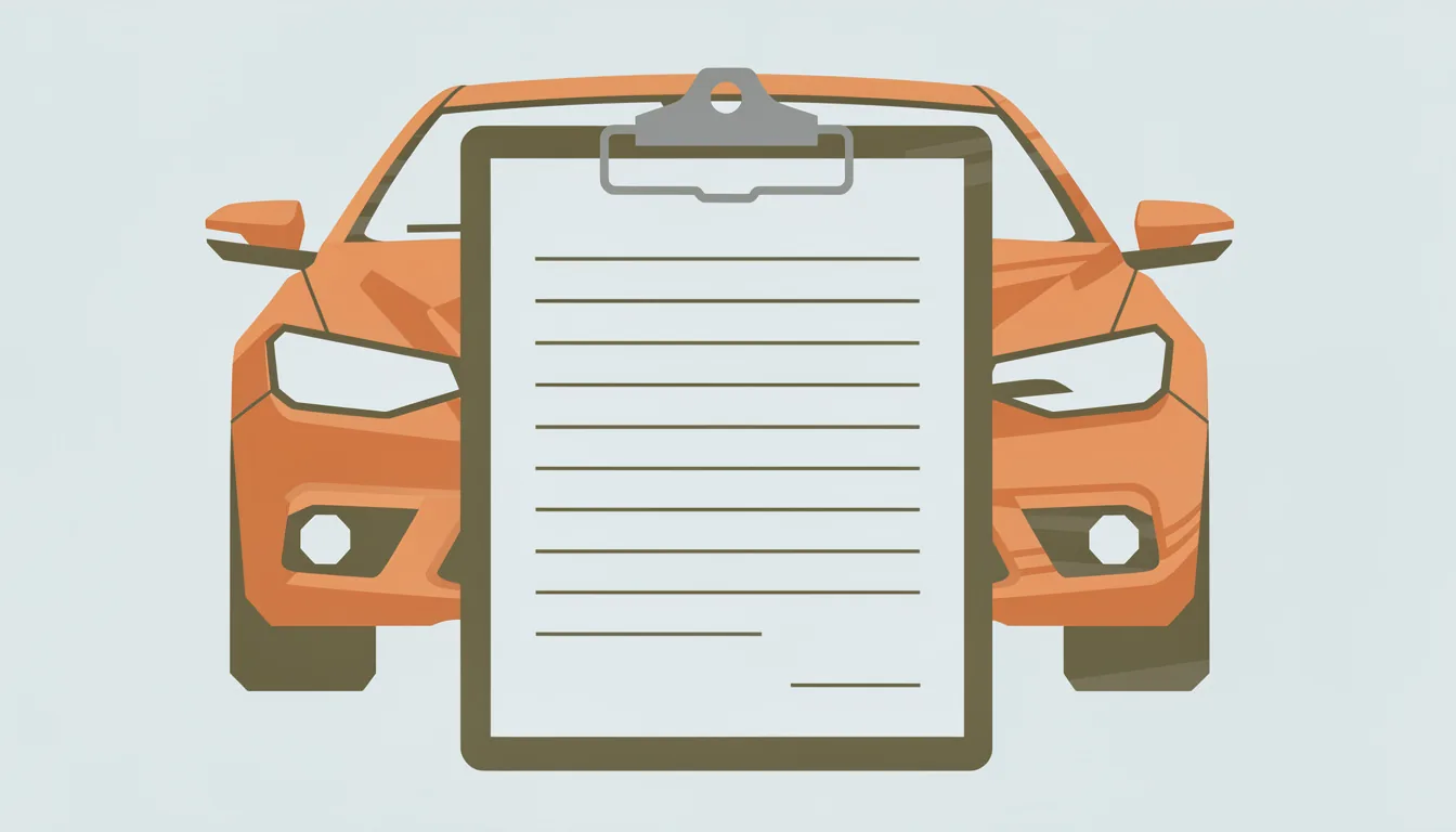 A clipboard with blank lines held in front of a parked car