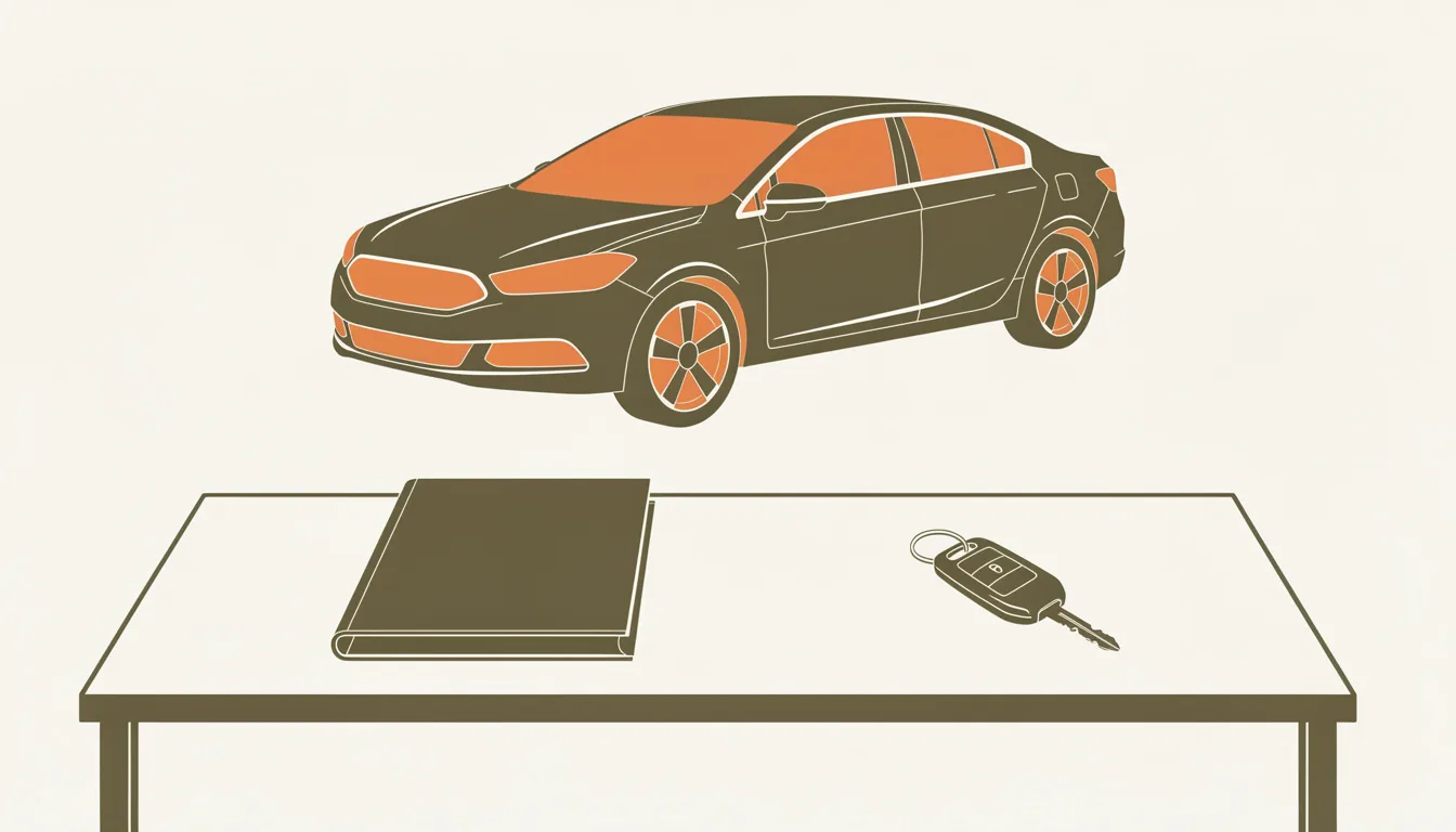 A dealership desk with a blank folder, a car key and a showroom car behind it