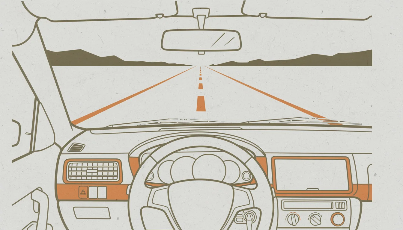 An open road seen through a windshield with the steering wheel in the foreground