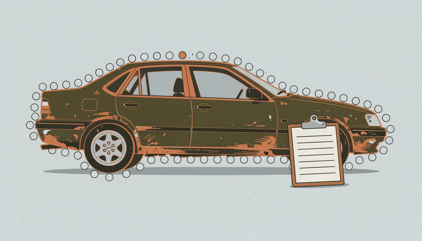 A used car surrounded by inspection markers with a checklist beside it