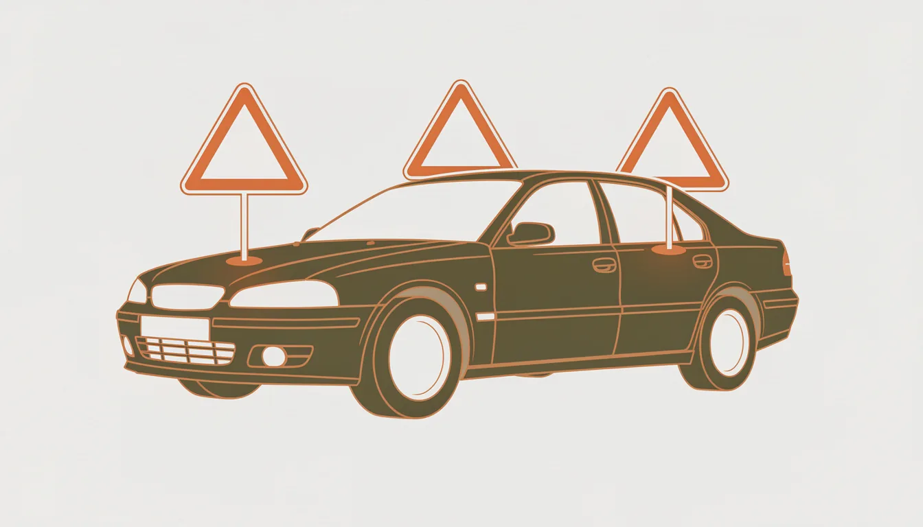 A car with warning triangles floating above the areas that most often hide problems