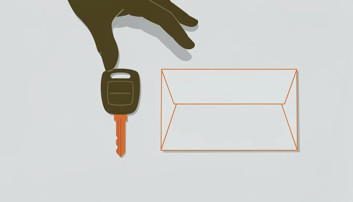 A car key and a blank envelope with a shadowed hand reaching for them