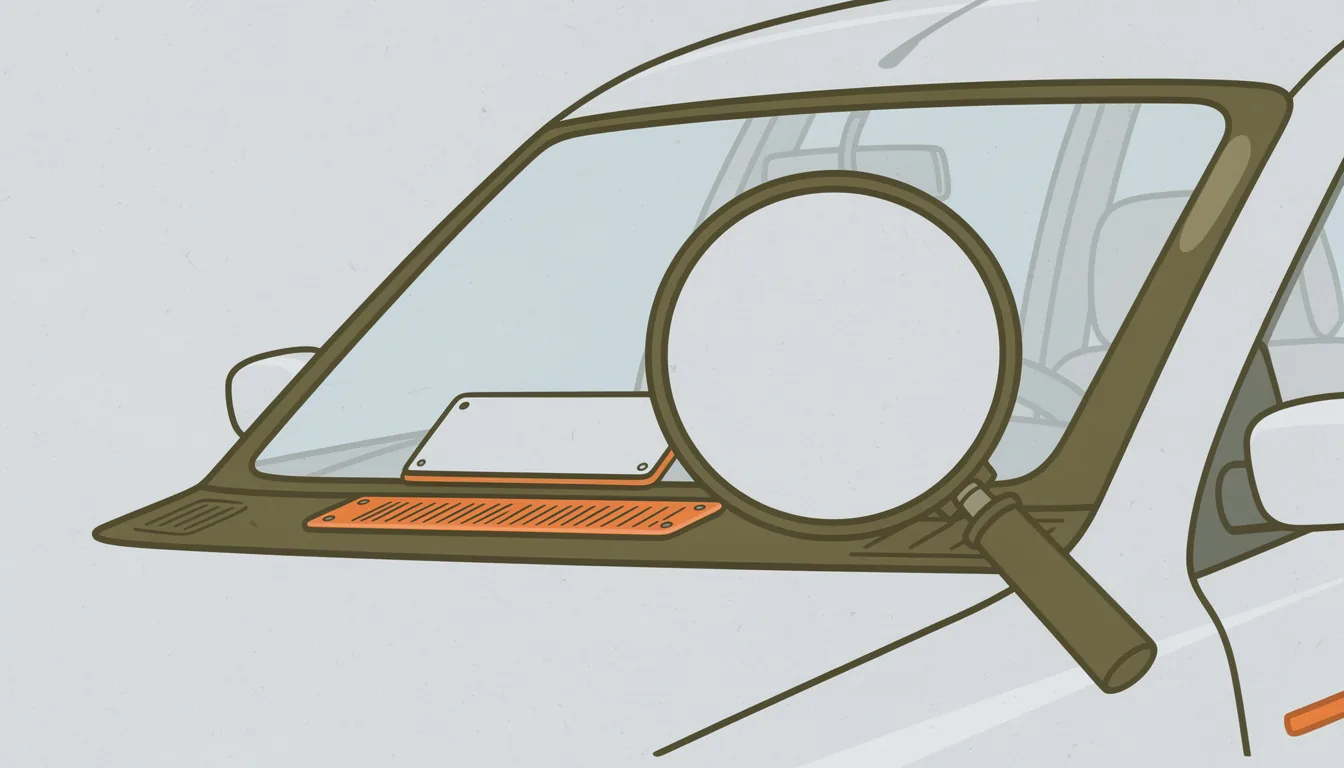 A windshield corner showing a blank VIN plate under a magnifying glass