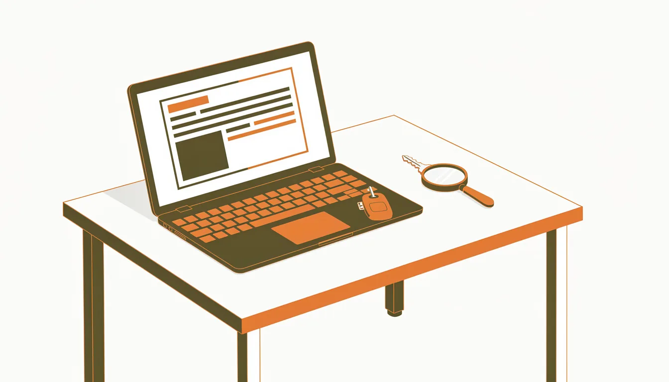 A laptop showing a blank vehicle history report layout beside a car key and a magnifier